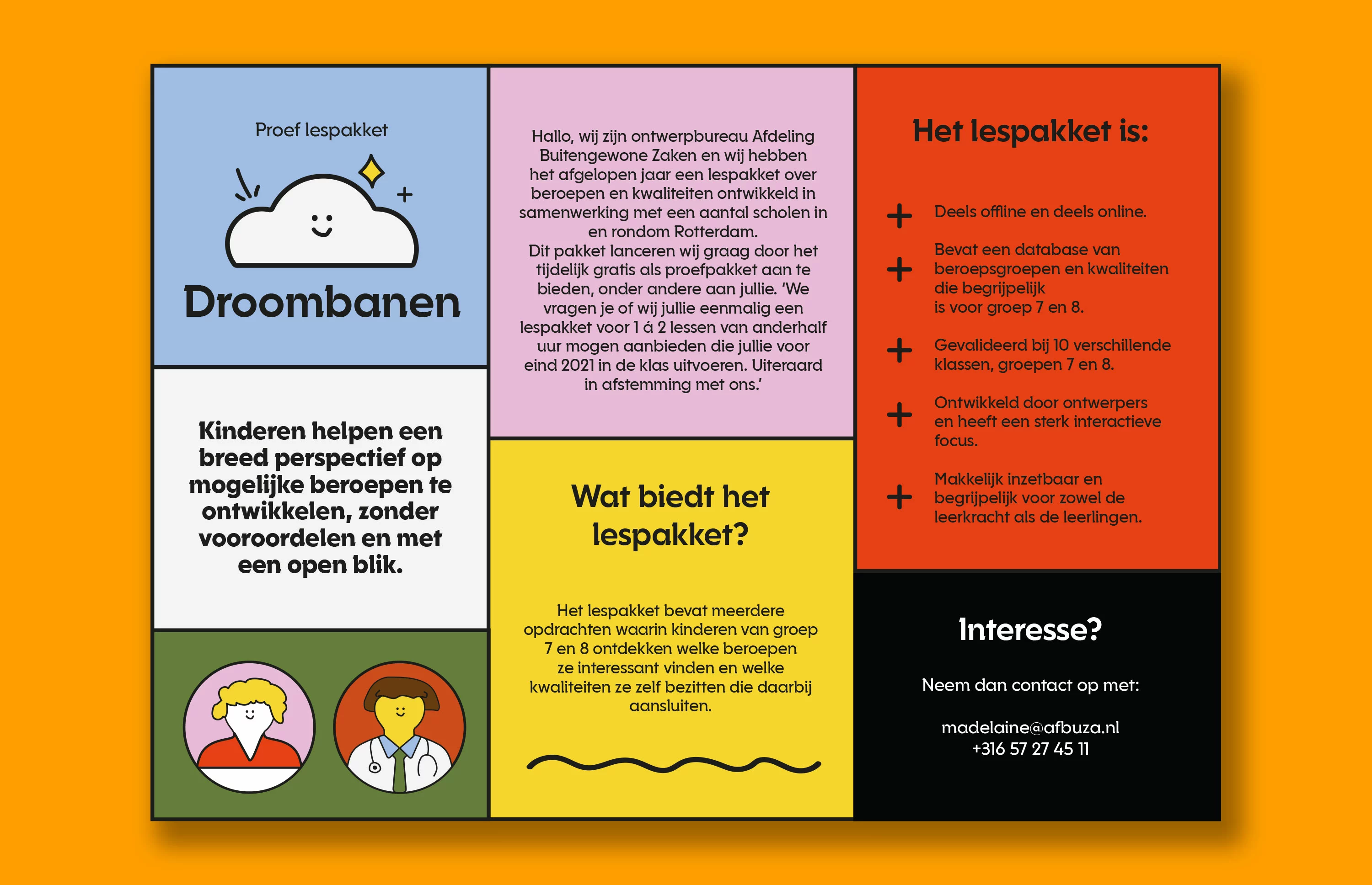 Kleurrijke flyer met informatie over het proef lespakket van Droombanen.